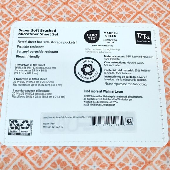 Mainstays Brushed Microfiber Super Soft Twin/XL Sheet Set Orange Diamond Design - Picture 3 of 4